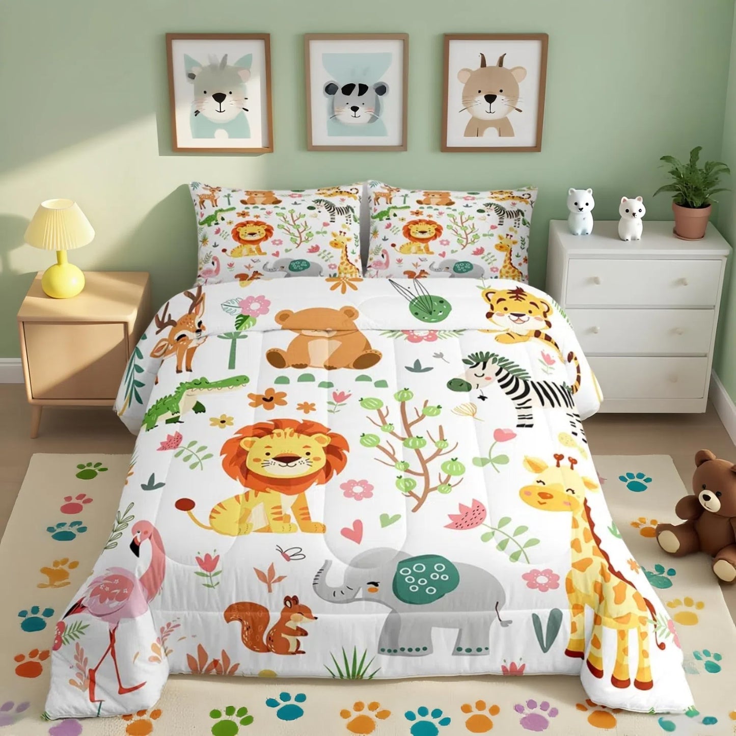 Feelyou Twin Size Cartoon Lions Giraffe Comforter Set Zoo Animals Bedding Set Flamingo Zebra Comforter for Kids Boys Girls Kawaii Animals Duvet Insert 2Pcs