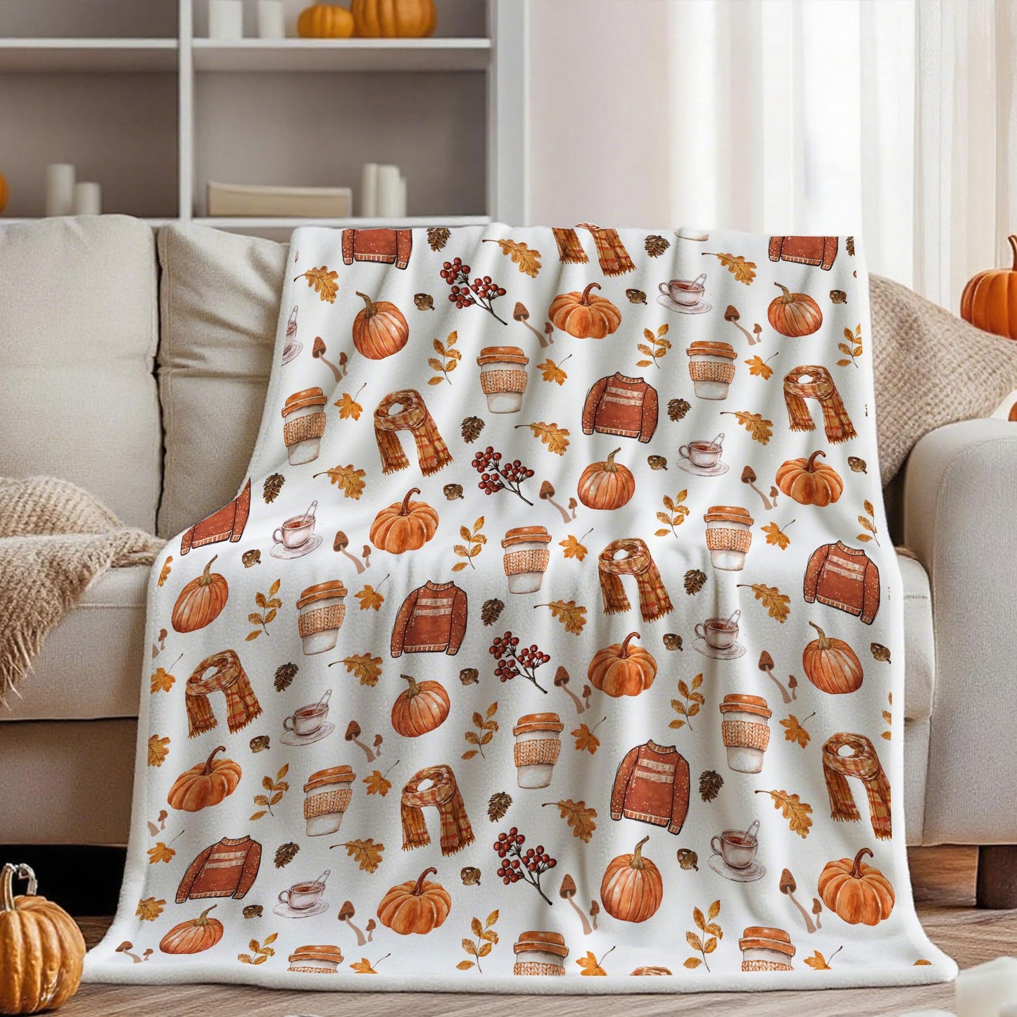 Fall Fleece Throw Blanket, Autumn Pumpkin Spice and Everything Nice with Books Wraps Coffees Lattes Pumpkins Pies Oversized, Soft Blanket for Couch,Cozy,Warm,Lightweight,50"X60"