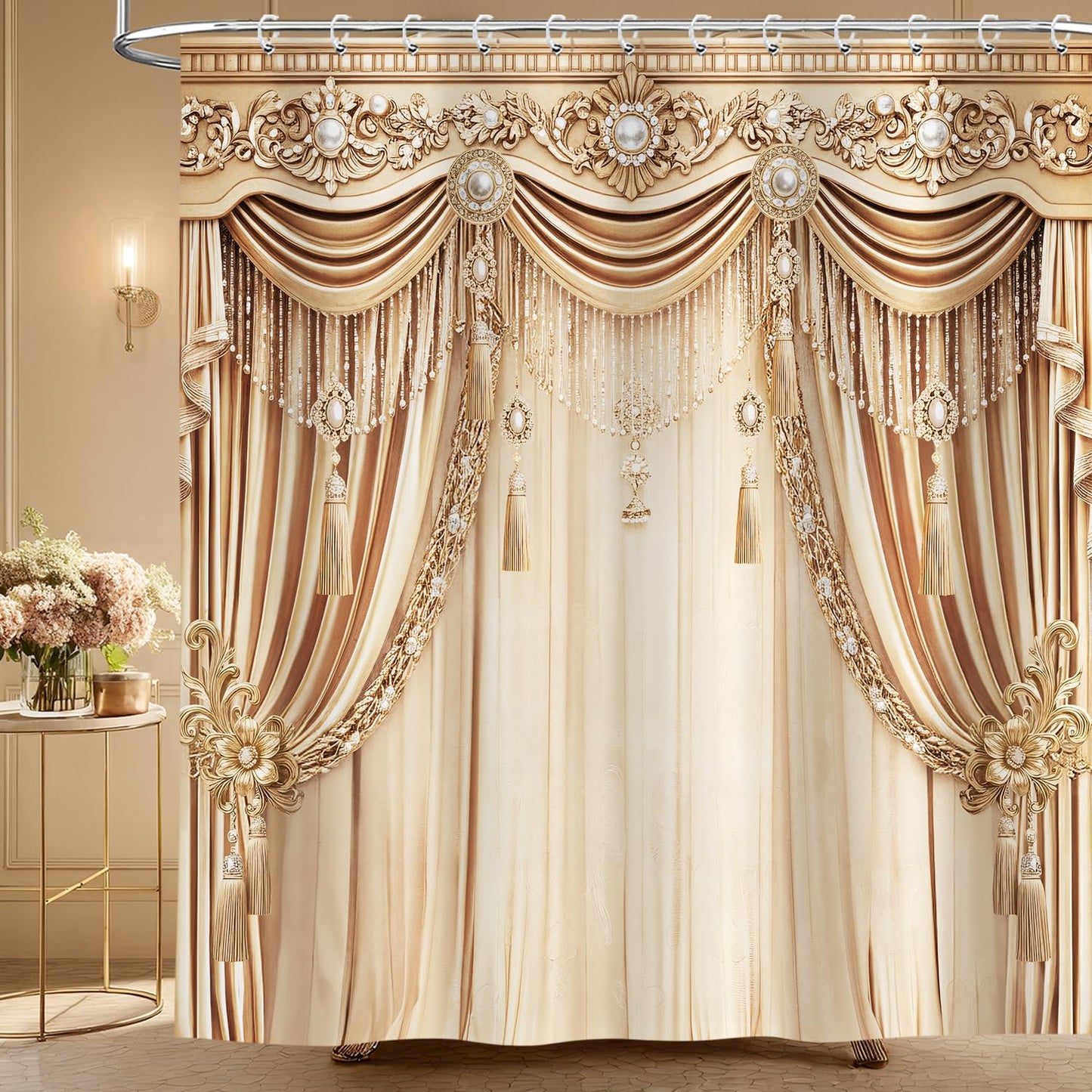 Brystan Gold Luxury Shower Curtain, Elegant Funky Champagne Modern European Style Shower Curtains Set, Vintage Ornate Aesthetic Shower Curtains for Bathroom Polyester Fabric with Hooks 72X72IN