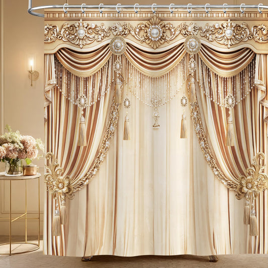 Brystan Gold Luxury Shower Curtain, Elegant Funky Champagne Modern European Style Shower Curtains Set, Vintage Ornate Aesthetic Shower Curtains for Bathroom Polyester Fabric with Hooks 72X72IN