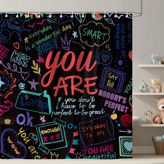 iTapnoom Funny Kids Inspirational Quotes Shower Curtain, Colorful Positive Words Black Graffiti Artwork Unisex Bathroom Decor Set, Waterproof Polyester Fabric Bath Curtain with Hooks 72x72 Inch