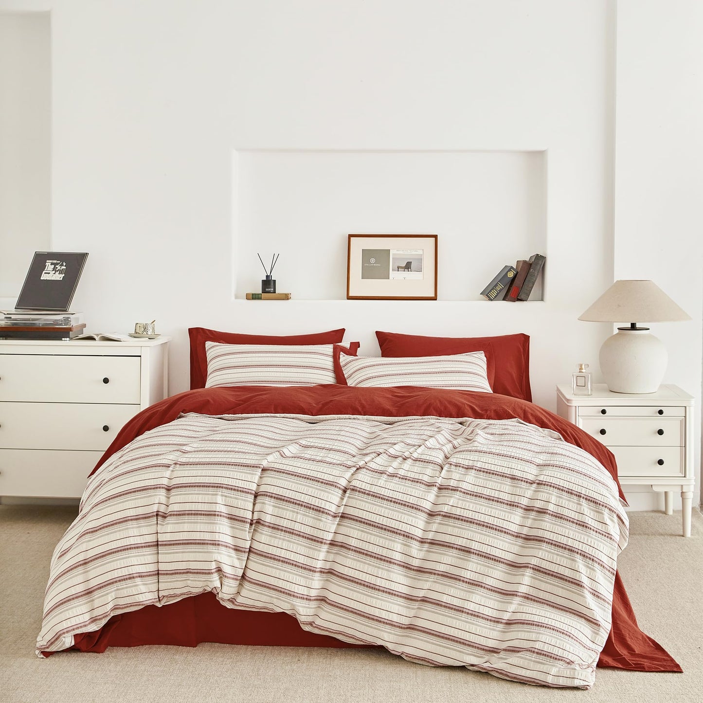 SUSYBAO Duvet Cover Queen 100% Cotton 3 Pieces Set 1 Red White Seersucker Duvet Cover with Zipper Ties 2 Pillow Shams Washed Cotton Classic Striped Textured Bedding Set Soft