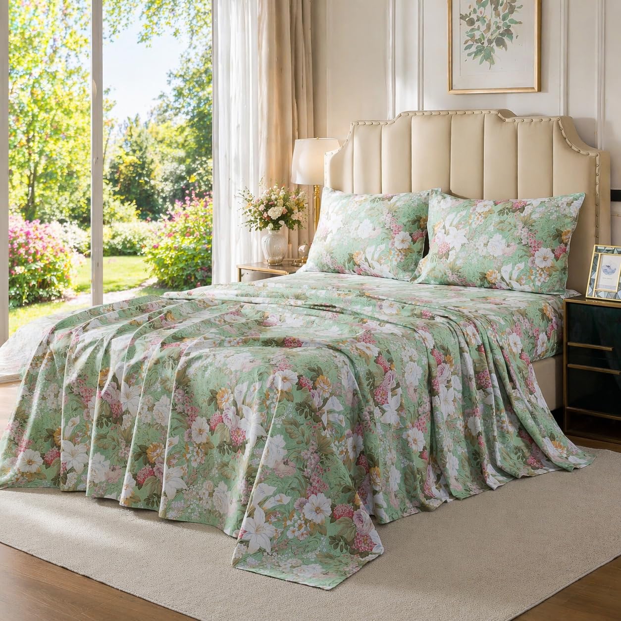 FADFAY Floral Bed Sheets Set Queen Size 100% Cotton Mint Green Botanical Sheet Sets Countryside Bedding Soft Breathable Girls Lily Flower Printed Deep Pocket Sheet 17.5 inch, 4 Pcs Queen