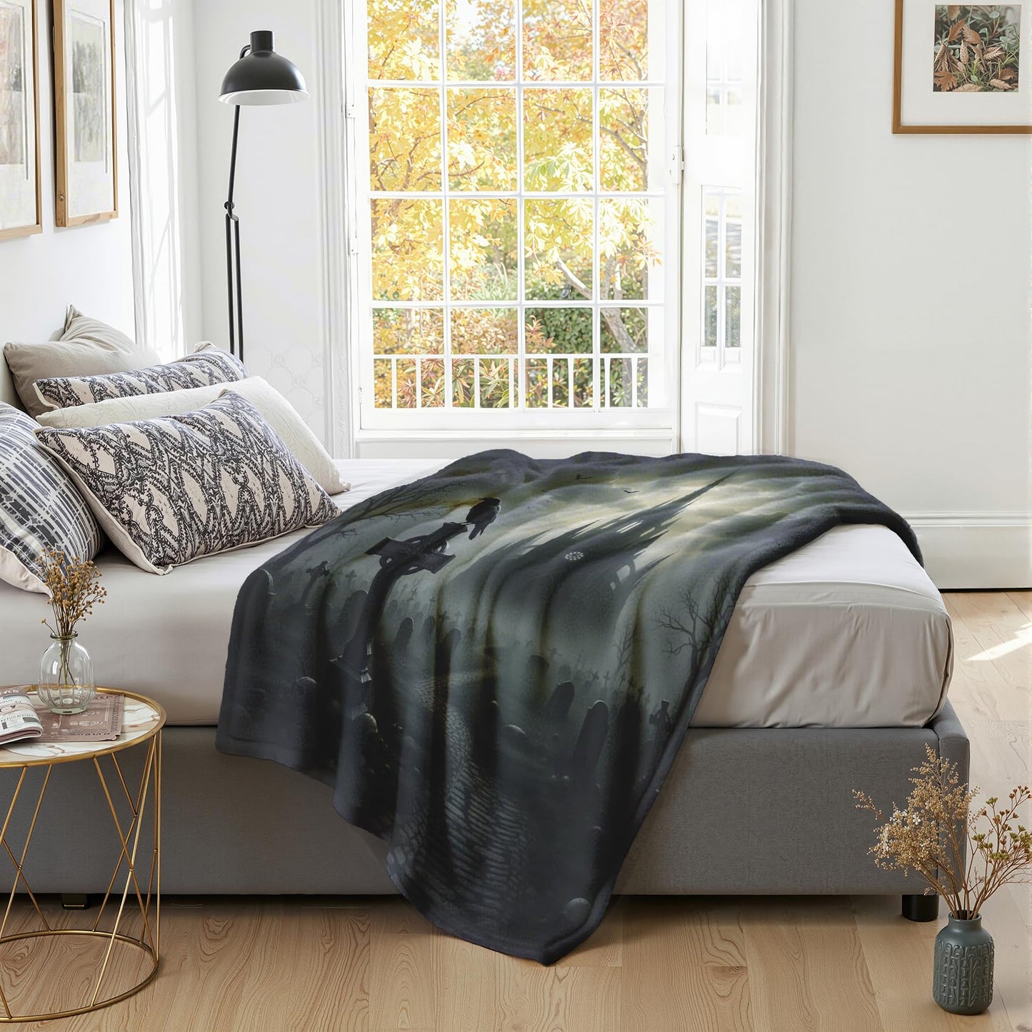 GEDAEUBA Halloween Blanket Soft - Gothic Crow Bat Castle Grave Fleece Blanket Full Size, Soft Cozy Blankets & Throws for Couch, Bed, and Sofa, 84x90 inches