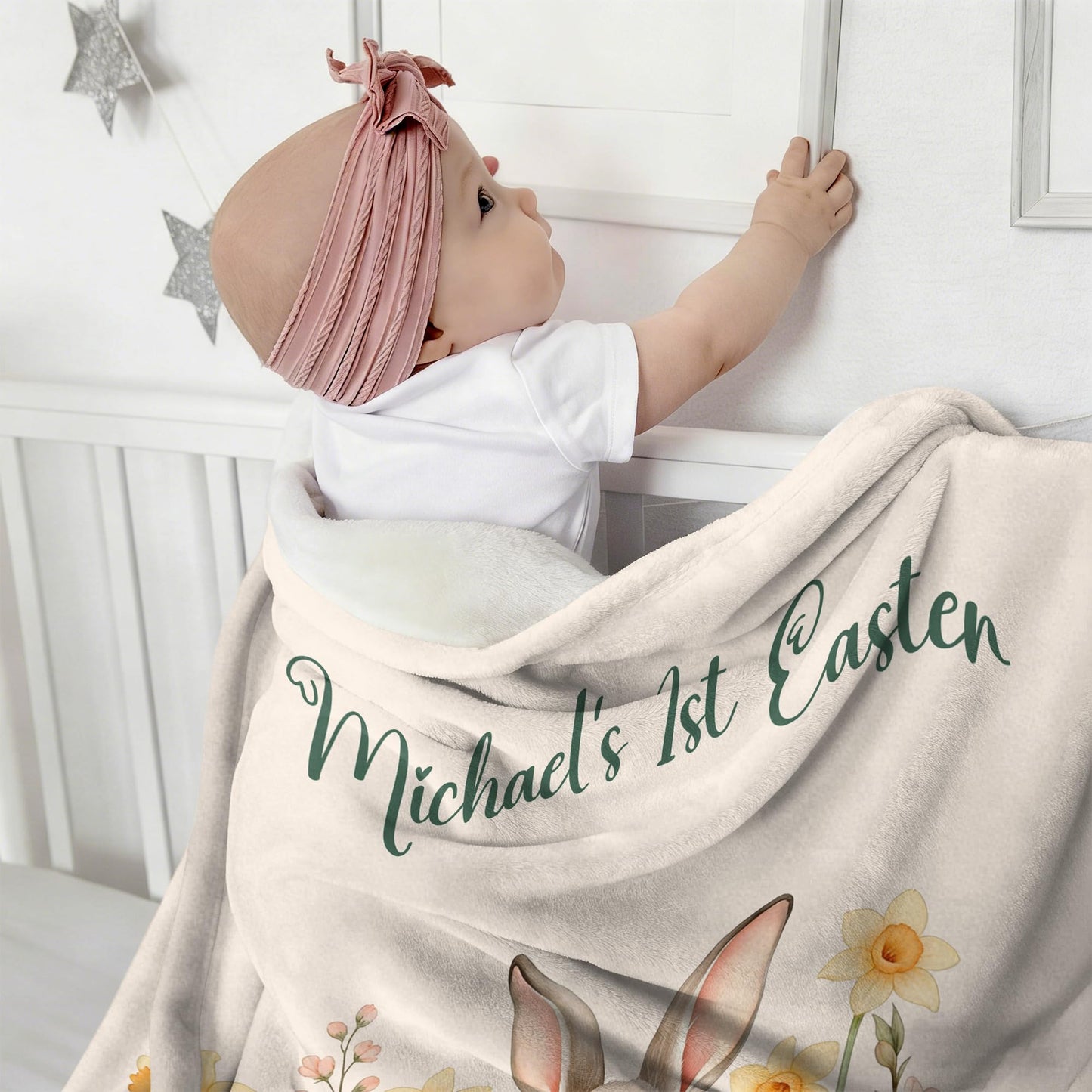 Lcyawer Personalized Blanket with Name, Custom Bunny Blanket for Baby, Baby's 1st Easter Flannel Throw Blankets for Boys Girls, Baby Easter Birthday Gifts for Infant Newborn Shower, Printed in USA