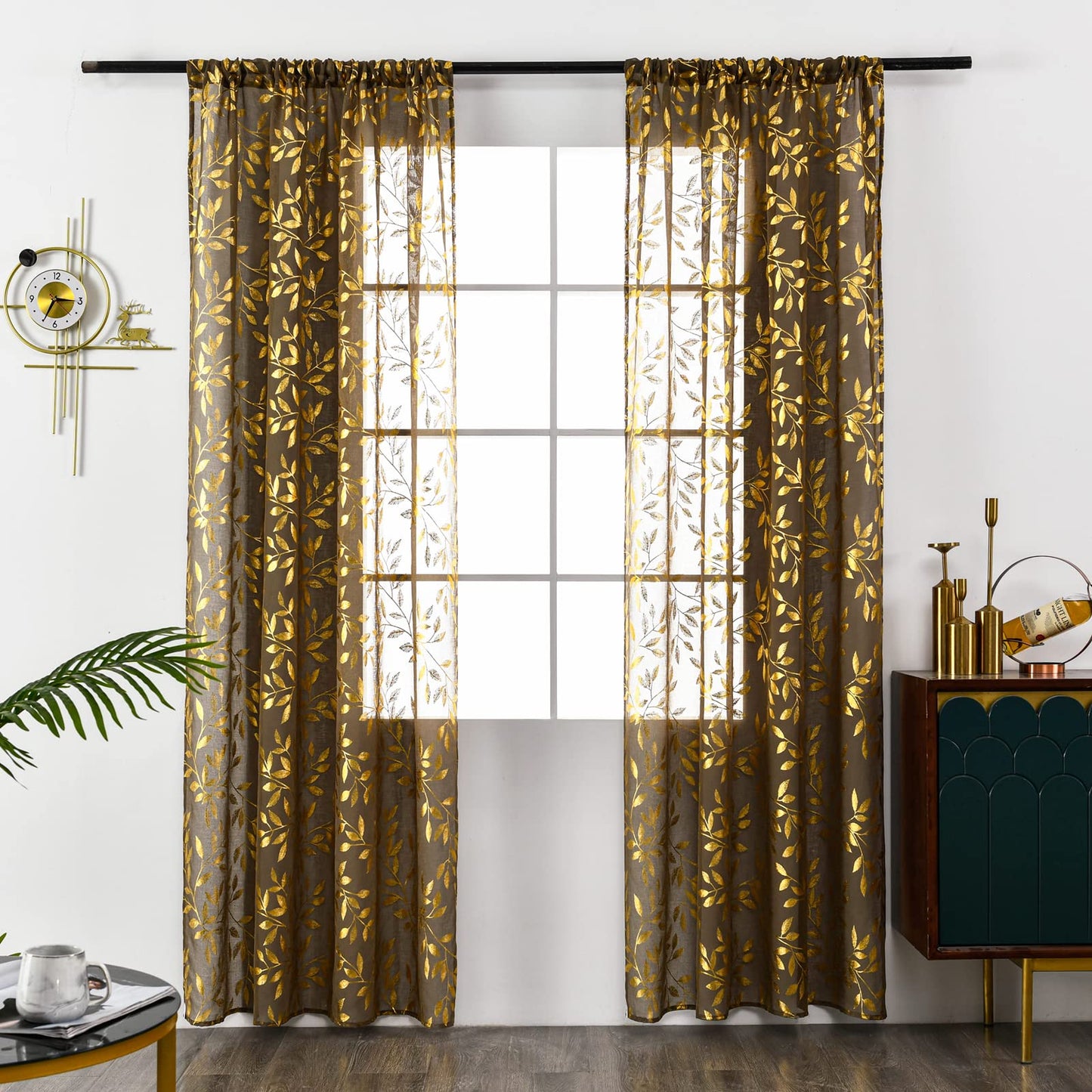 Sutuo Home Sheer Curtains 84 Inch Length 2 Panels Set, Luxury Gold Foil Printed Metallic Bronzing Leaves, Privacy Window Treatment Decor Drape Pair for Bedroom Dining Room, 52" W x 84" L, Taupe