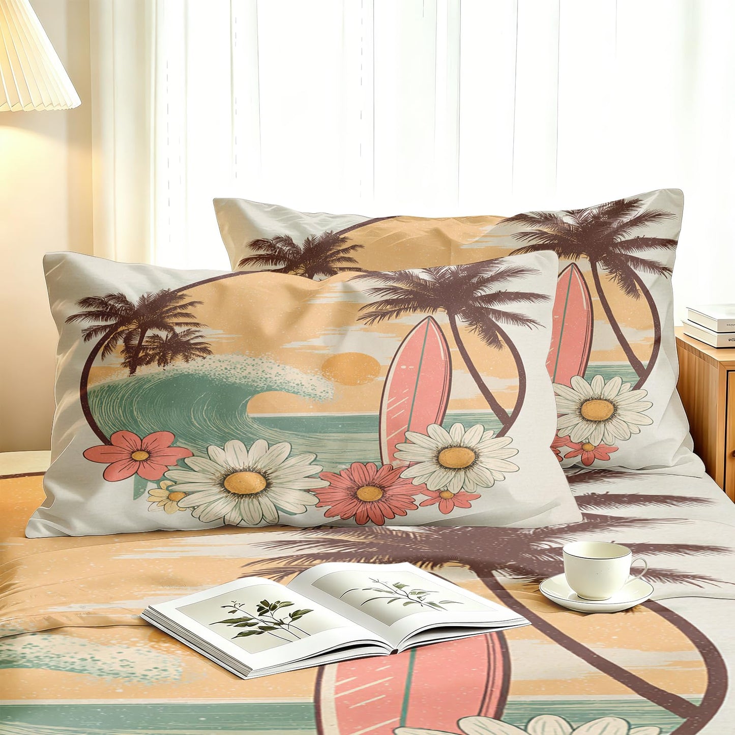 Tropical Beach Sheet Set, 4 Pcs Full Size Surfing Themed Bed Sheets