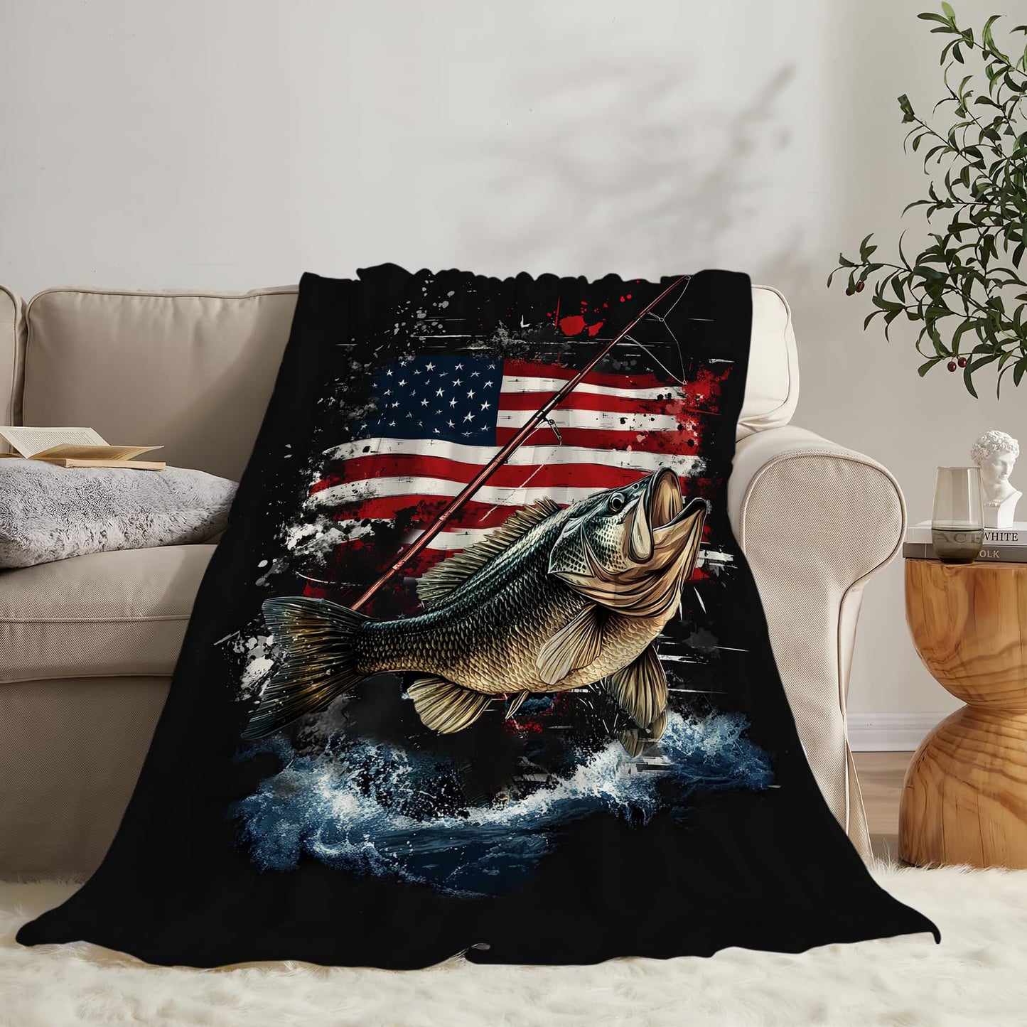 Fishing Blanket American Flag Fish Throw Blanket Soft Warm Cozy Fuzzy Plush Gifts for Girls Women Lightweight Fleece Flannel Stuff Decor Gift for Kids Adults 50"X40"