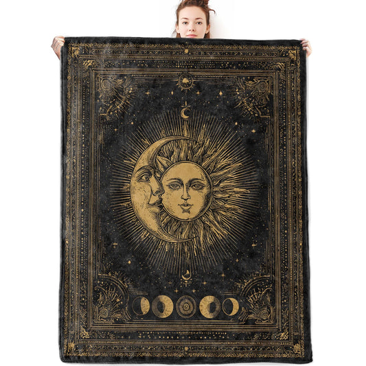olpddz Sun and Moon Flannel Blanket Gifts for Astrology Lover,60x50inch,Vintage Golden Illustration Throw Blankets with Mystical Boho Celestial,for Bedroom,Sofa,Living Room,Camping Home Decor Throws