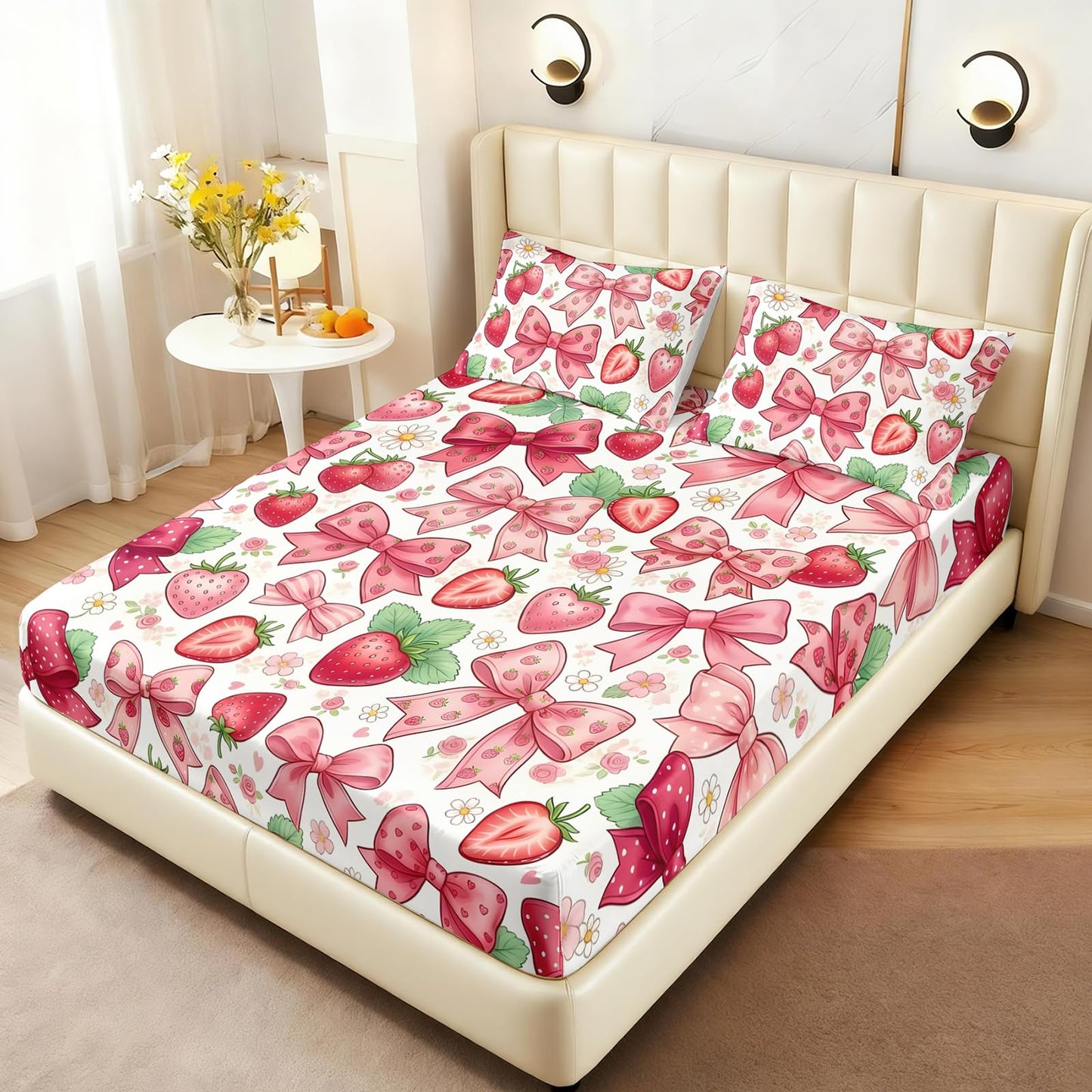 AILONEN Strawberry Bow Twin Fitted Sheet Set, 3 Piece Microfiber Bedding Pack with 2 Pillowcases, 16 Inch Deep Pocket, Pink Fruit Room Style