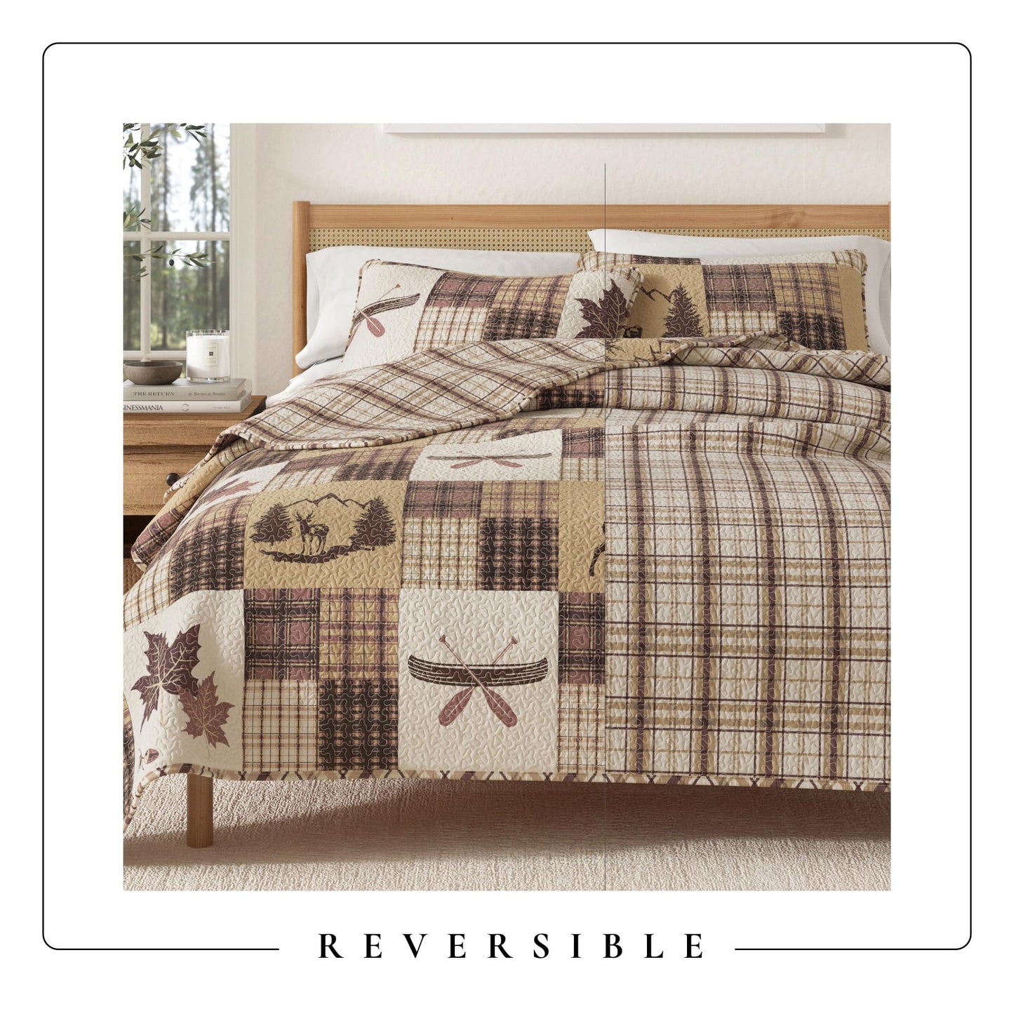 Great Bay Home Lodge Quilt Set - 3-Piece Full/Queen Size Rustic Bedding Set - Lightweight, All-Season, Reversible Bedspread (Deer & Leaf Patchwork)