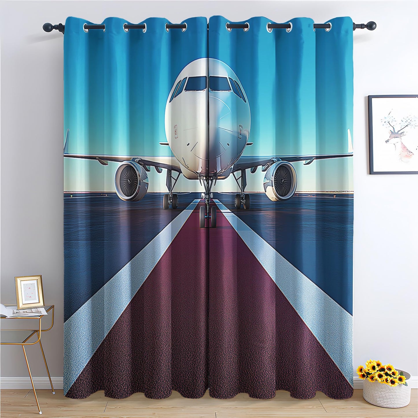 Phtbz Airplane Curtains 45 Inch Length 2 Panels Set, Jet Aircraft Patterned Blackout Curtains for Bedroom, Living Room Decor, Room Darkening Thermal Insulated Grommet Drapes