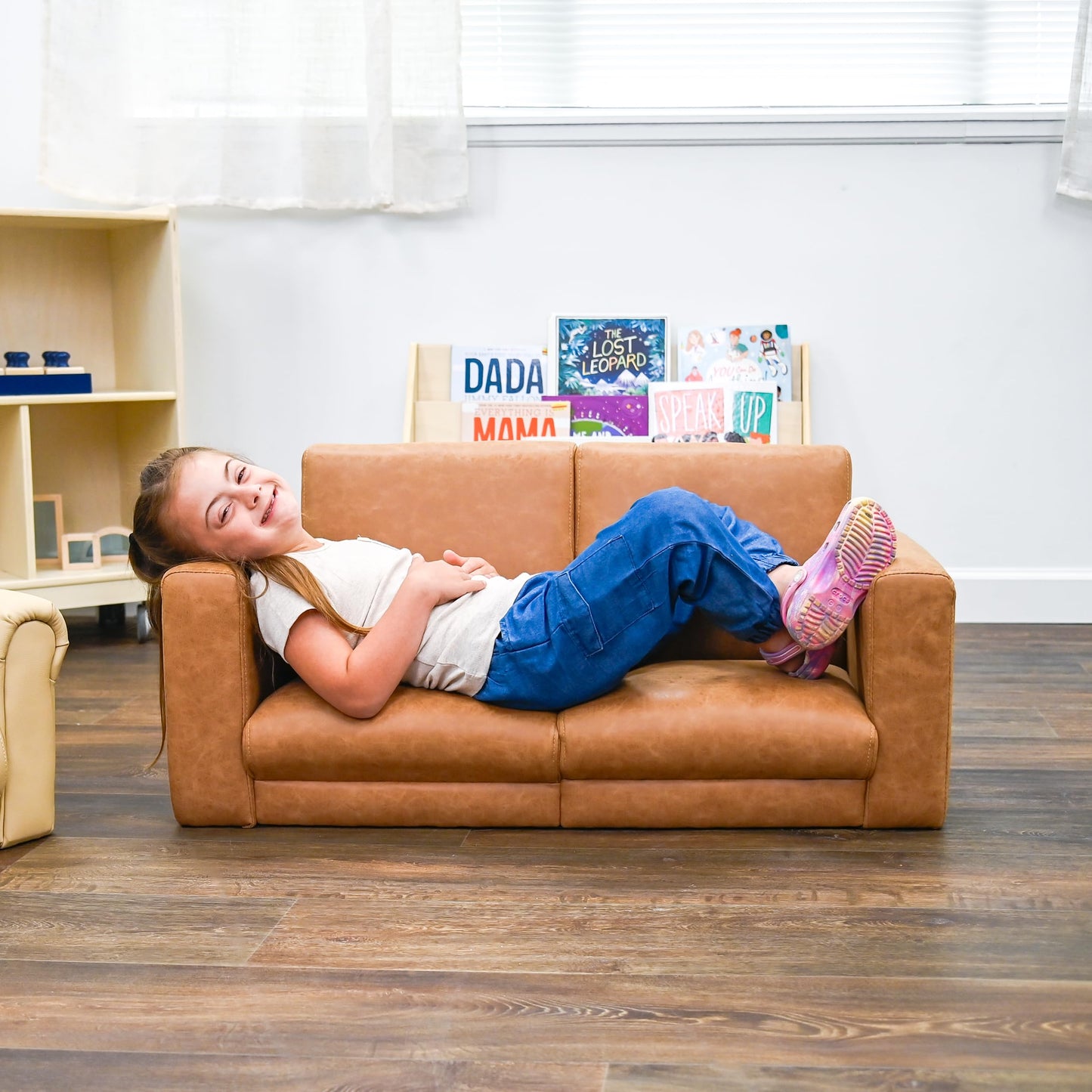 Children's Factory As We Grow Modern Kids Sofa - Flexible Classroom Seating for Elementary Education, Adjustable Educational Furniture for Daycare and Preschool, Faux Distressed Leather Brown