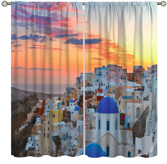 European Island Cityscape Curtains Sunset Traditional Greek Village Church Blue Dome Building Rod Pocket Window Treatments for Bedroom Kitchen Living Dining Apartment Dorms Cafe 42"W X 44.5"L