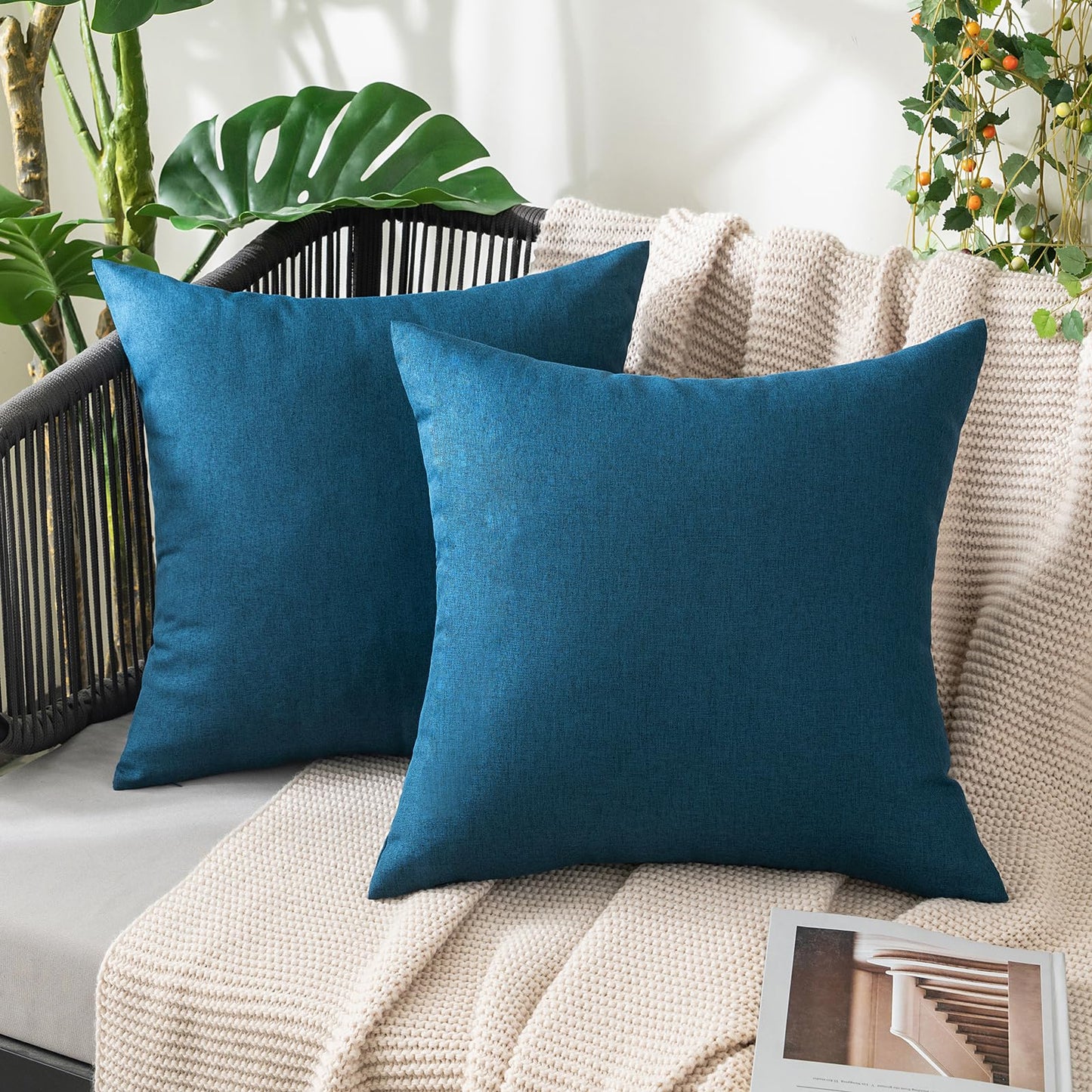 MIULEE Pack of 2 Decorative Outdoor Solid Waterproof Throw Pillow Covers Faux Linen Garden Farmhouse Coastal Cushion Cases for Summer Patio Tent Balcony Couch Sofa 18x18 Inch Blue