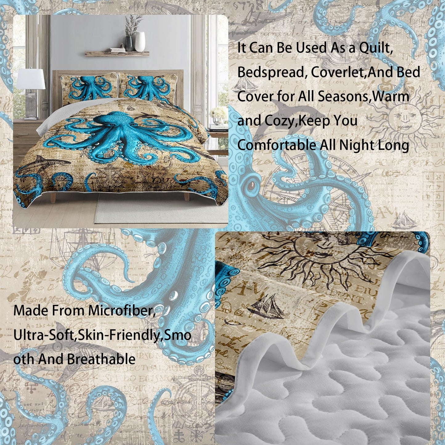 AILONEN Ocean King Bedspread Coverlet,Blue Octopus Nautical Vintage Map Theme Bedding Quilt,2 Pillowcases,Lightweight Microfiber