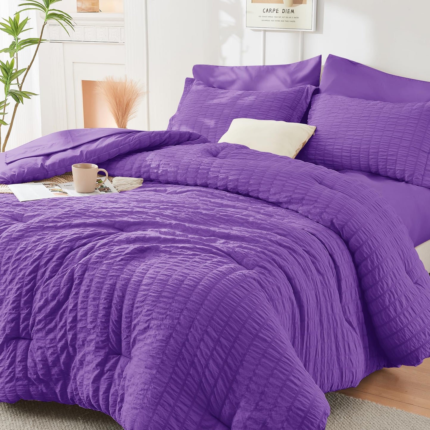 HYMOKEGE Bright Purple Twin Comforter Set Seersucker 5 Pieces, All Season Luxury Bed in a Bag for Bedroom, Bedding Set with Comforter, Sheets, Pillowcase & Sham