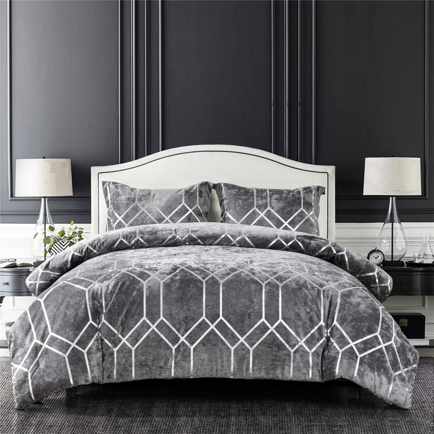 Sunshine Nicole Metallic Print Comforter Set, Distressed Velvet Face with Metallic Print and Brushed Solid Microfiber Reverse, with Light Weight Soft Poly Fill, 3 Pieces Grey Silver, Queen