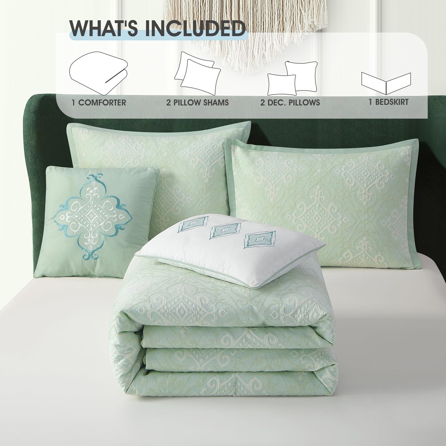 LANCO MODERN LIFESTYLE Sage Queen Comforter Set, Cotton Fabric, Luxury and Comfortable for All Seasons, 6 Pieces Bedding Set with Pillow Shams, Decorative Pillows and Bedskirt