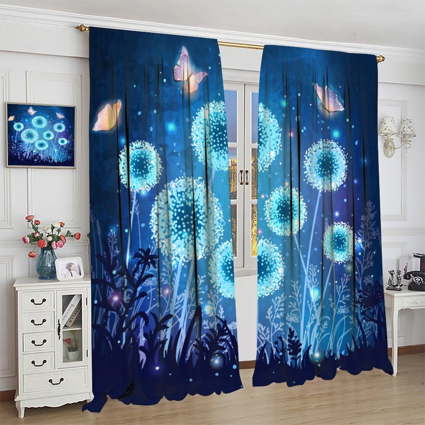 DDCBNS Fantasy Nature Window Curtains,Magical Garden Dandelion Window Treatments for Bedroom Living Room Nature Scenery Butterfly Print Drapes 2 Panels Set,Total Size 42 x 45 Inch