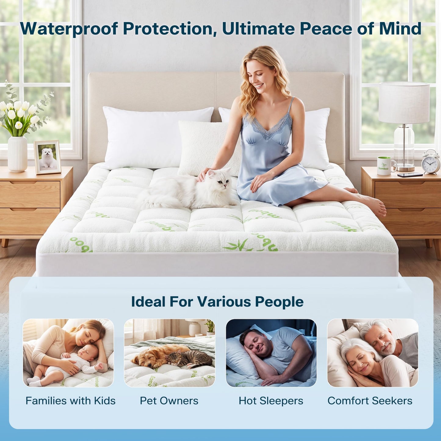 Waterproof Queen Size Mattress Topper Viscose Derived from Bamboo, Extra Thick Mattress Pad for Back Pain, Cooling Mattress Topper with Deep Pocket 8"-21", Green,Queen