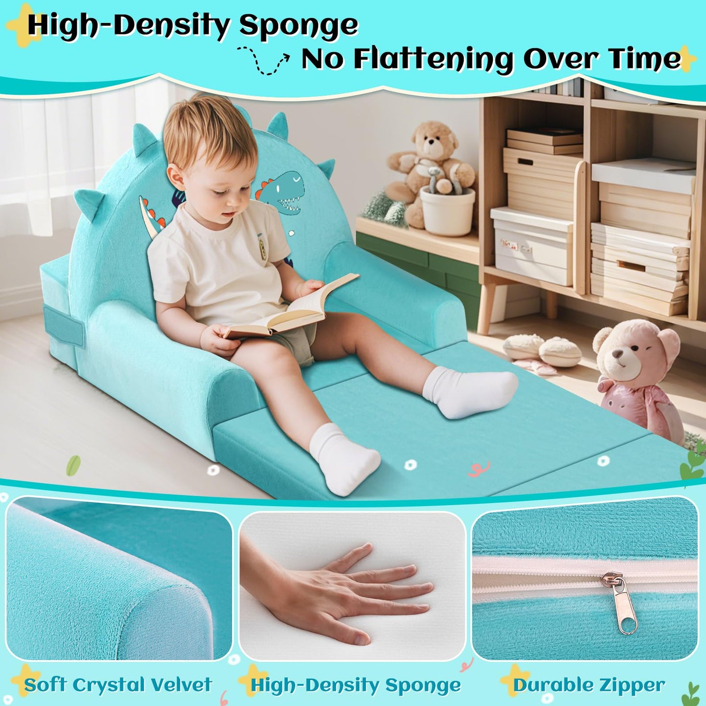 Dinosaur Kids Sofa Bed with Removable Washable Cover & Magic-Tape Backrest – Foldable Toddler Chair, Cozy Crystal Velvet Furniture for Playtime, Naps & Travel (Soft Ggreen, Dino Design)