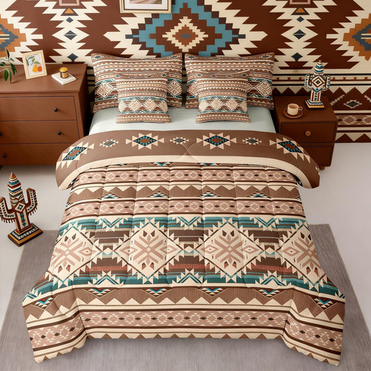 Aztec Queen Comforter Set with Sheets Western 7-Piece Bedding Set Exotic Nordic Style Bohemian Bed in a Bag, Southwestern Native African Geometric Bed Sets Vintage Triangle Boho Decor,Beige Brown