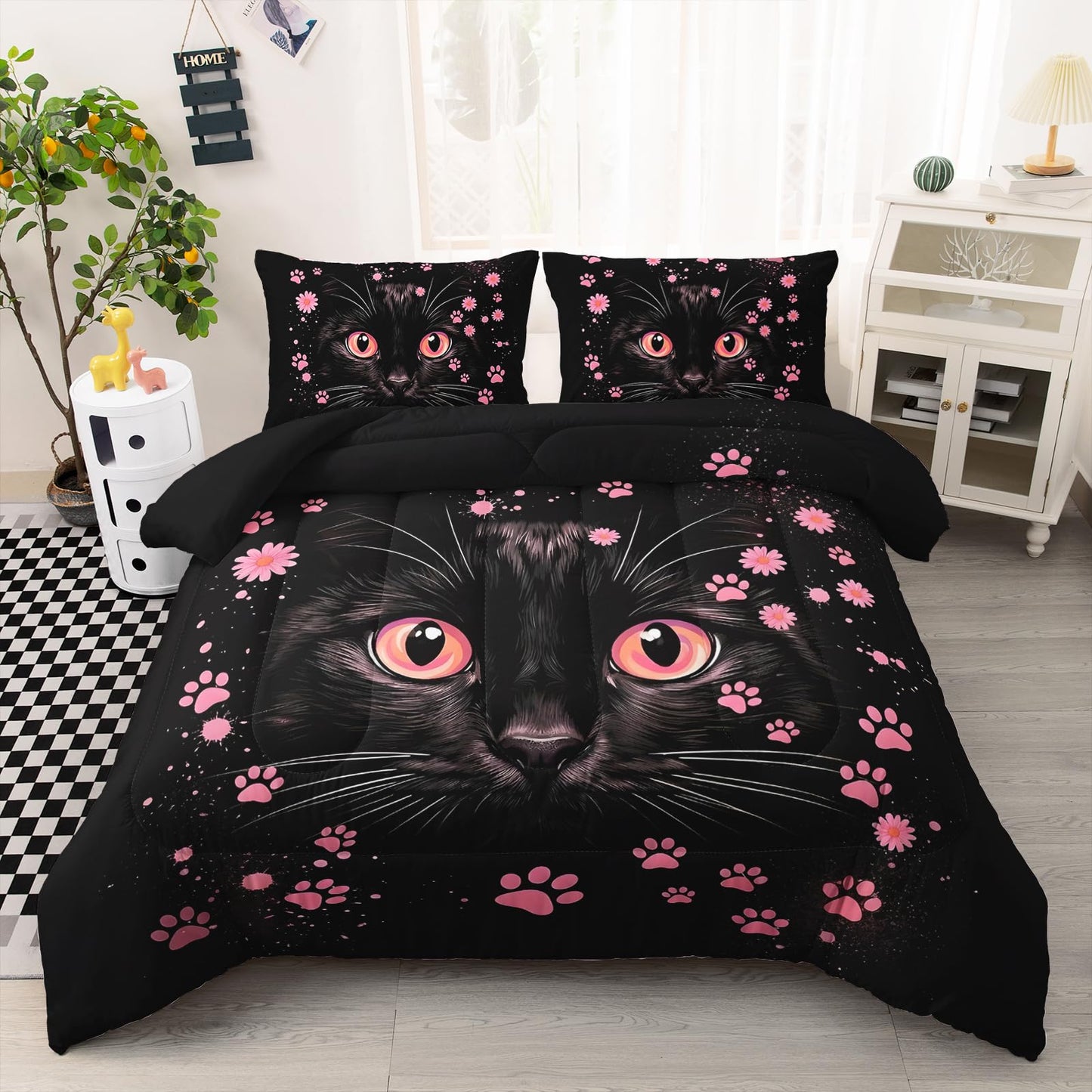 AILONEN Floral Cat Portrait Queen Comforter Set, Black Kitty Face with Blush Paw Prints, 3 Piece 1 Comforter + 2 Pillowcases, Cute Room Theme
