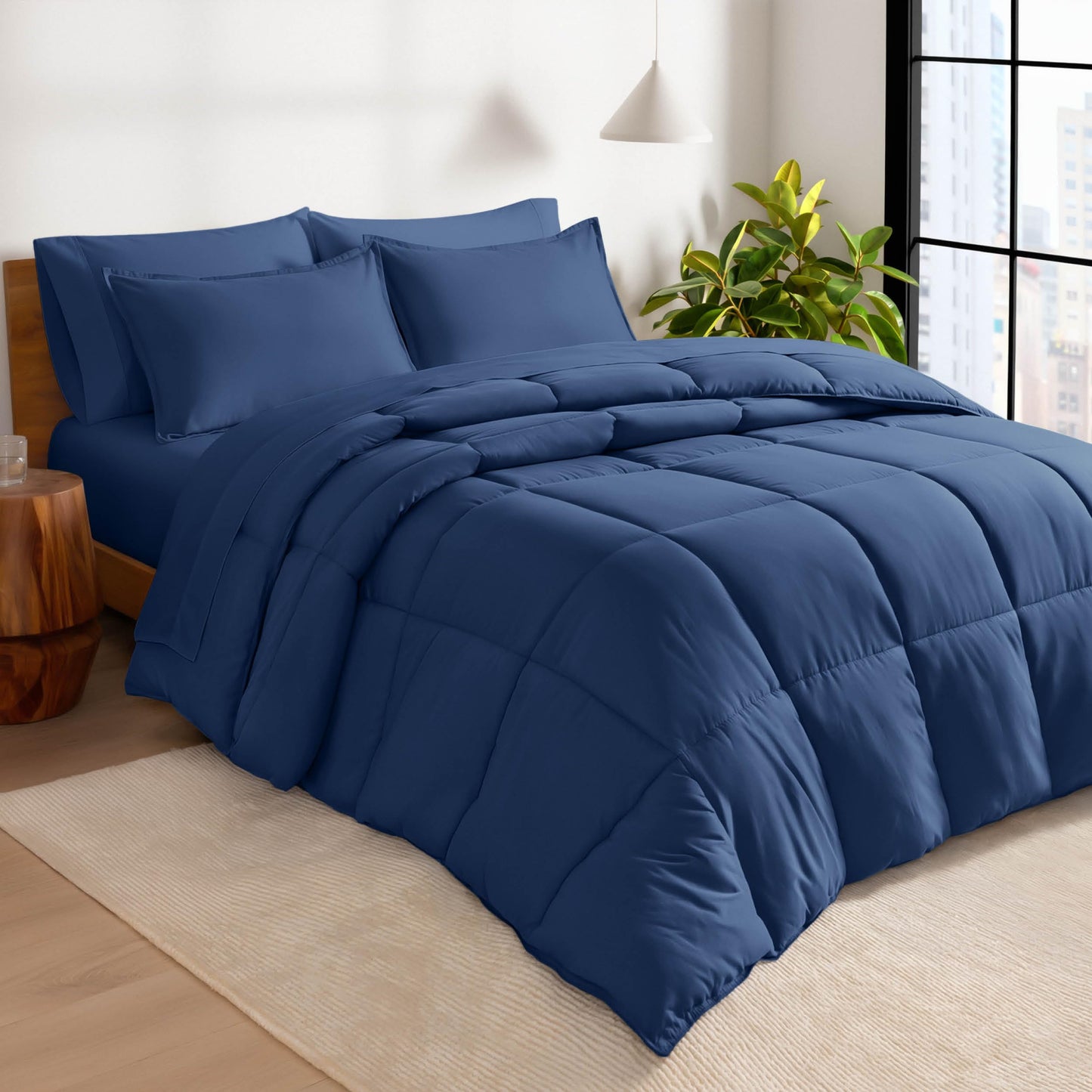 Bare Home Bed-in-A-Bag 7 Piece Comforter & Sheet Set - King - Goose Down Alternative - Ultra-Soft 1800 Premium - Bed Set (King, Dark Blue/Dark Blue)