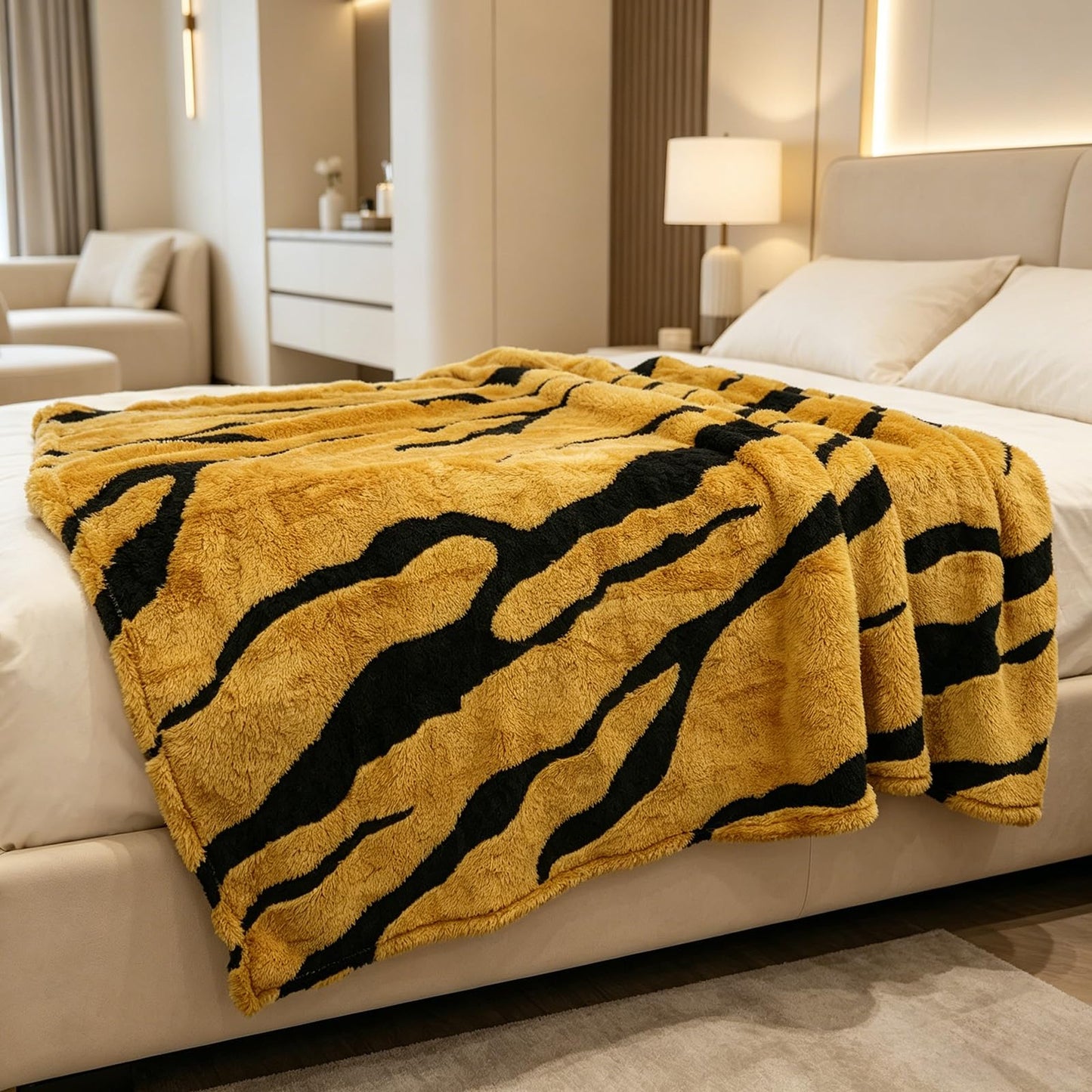 BYKOSY Zebra Printed Fleece Throw Blanket-Cozy Soft Lightweight Fuzzy Throw Blanket for Sofa, Couch, Bed & Chair,Black and Yellow, 50" x 70"