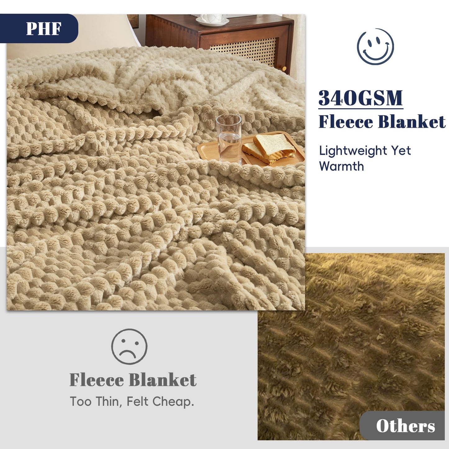 PHF Ultra Soft Flannel Fleece Blanket Queen Size, Lightweight 3D Jacquard Fleece Blanket, No Shedding, No Pilling, Luxury 340GSM Aesthetic Fluffy Cozy for Bed Room Decor, 90"x90", Khaki