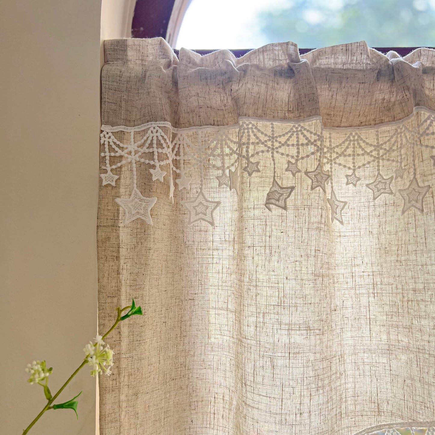 Boho Style Arched Linen Cafe Curtain Valance with Stars Trim Elegant Linen Swag Doorway Curtain Tier for Kitchen Bathroom Bedroom Rod Pocket Top 1 Panel (W39 x L25.5 inch,Beige)