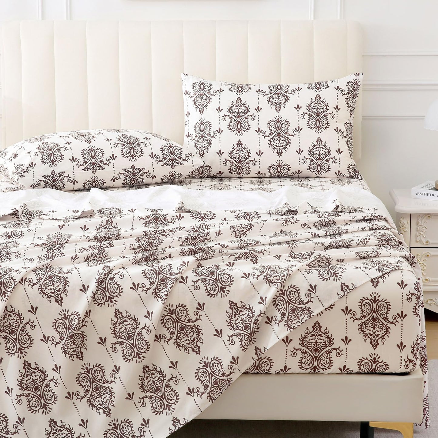 ChicView King Size Paisley Printed Sheet Set,4 Pieces Boho Style Breathable Soft Microfiber Bedsheets, Anti Pilling Deep Pockets Easy Care Bed Sheets, Brown