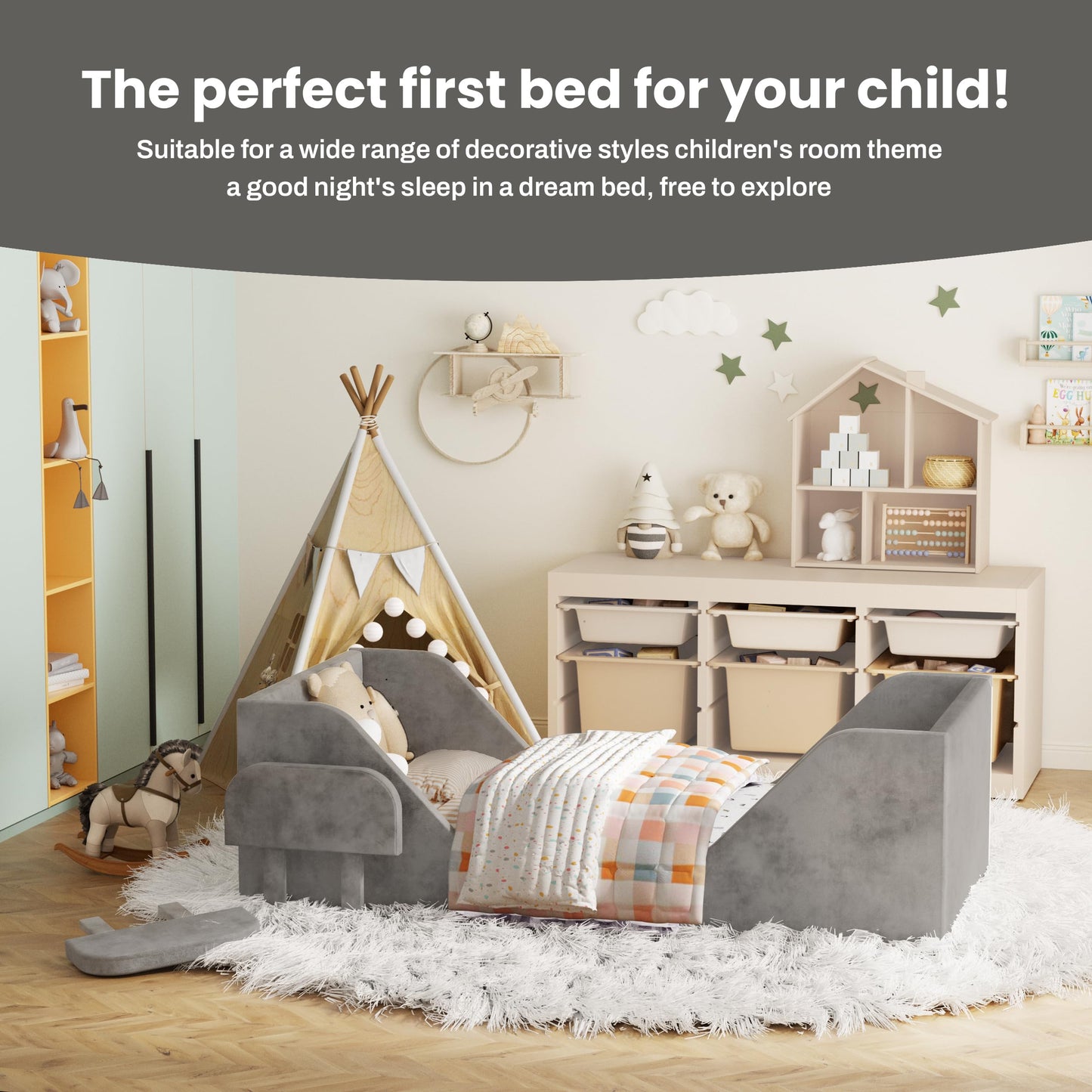 SOFTLYNICE Toddler Bed, Toddler Floor Bed Frame with Guard Rails, Small Bed for Kids Boys and Girls Aged 2-6 Years, Standard Crib Mattress Toddler Beds, Certified Fabric Toddler Beds(Big Gray)