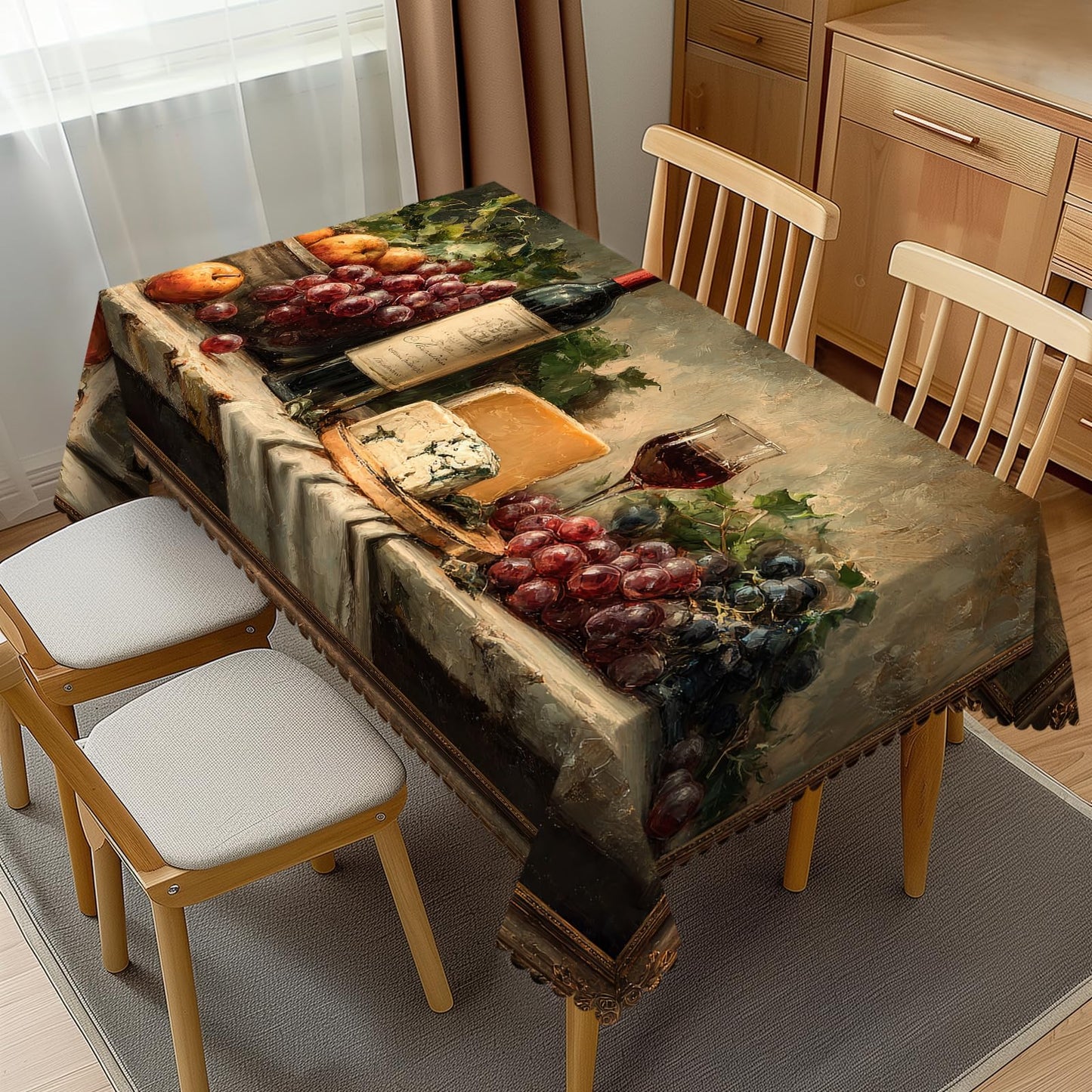 JIANKESEN Retro Wine Bottles Glasses and Grapes Tablecloth Rectangle Cheese Fresh Fruits Rustic Table Cloth Wrinkle Resistant Table Cover for Kitchen Dining Party Decorations 54 x 72 Inch
