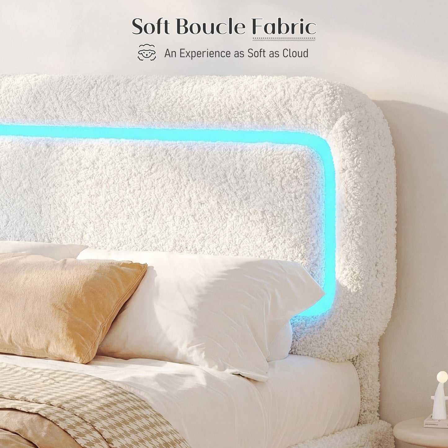 Homkdom Upholstered Full Size Bed Frame with Led Lights,Boucle Full Bed Frame,Soft Bed Frame Full with Headboard,Anti-Collision Round Corners,No Box Spring Needed,Modern,Cream White