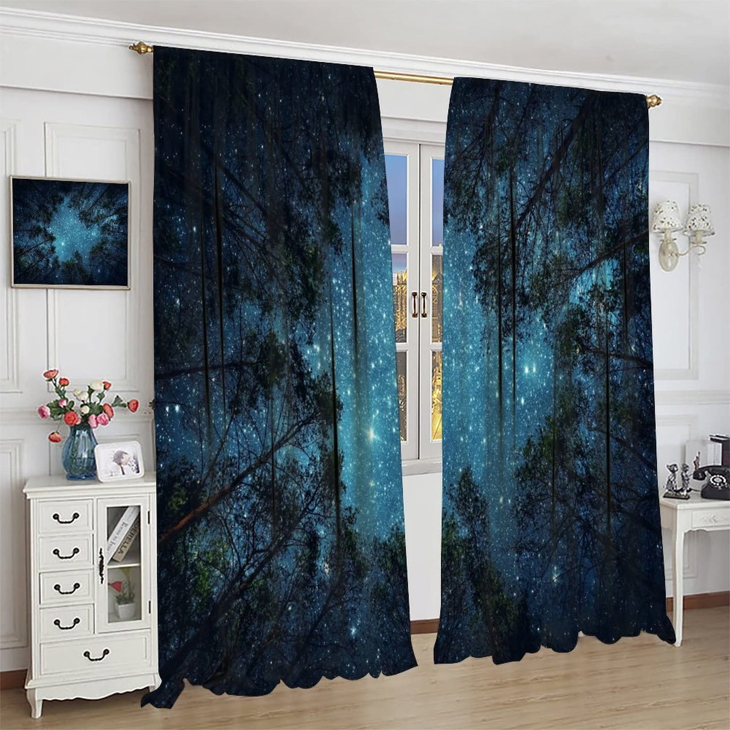 JESTRONRY Forest Starry Window Curtains,Night Moon and Stars Mystic Forest Galaxy Nature Scenery Home Decor Blackout Drapes for Living Room Bedroom Kitchen Bathroom 42x45in