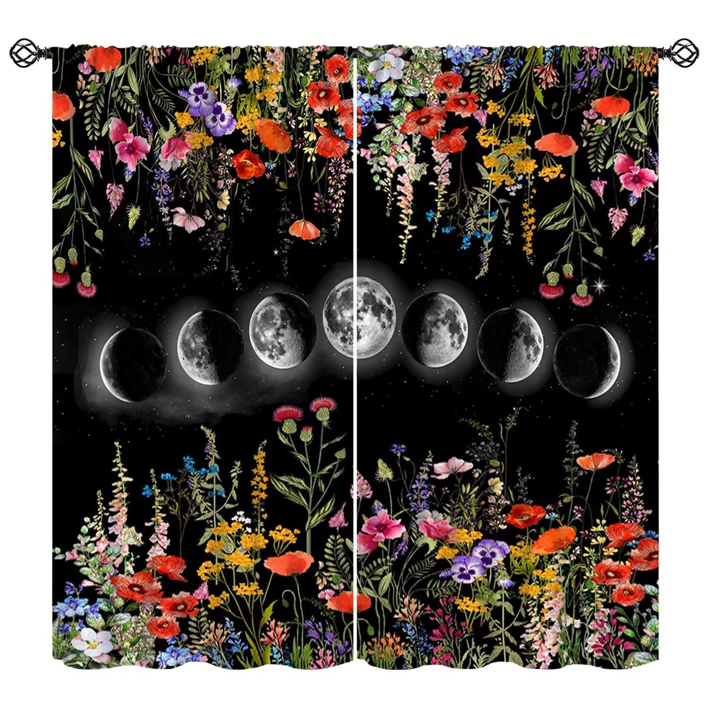 Moonlit Boho Floral Curtains,Garden Moon Phase Plants Flowers Village Art Print Window Drapes for Bedroom Living Room Kitchen Cafe （W20xL45 Inch） x2 Decor