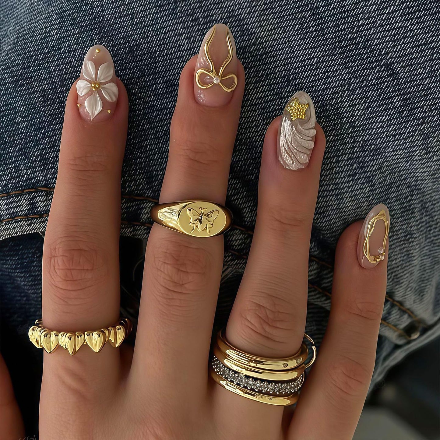 RUOKEXIN Almond Press on Nails Medium Fake Nails Nude False Nails with 3D Gold Bow Designs Full Cover Nail Press ons Sparkly Artificial Nails for Women 24Pcs