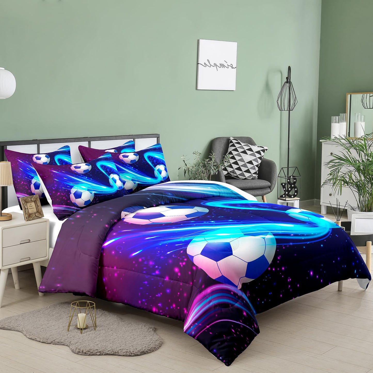 Peopleareok Soccer Comforter Set Twin (68x86 Inch), Purple Blue Soccer Theme Comforter, Sports Soccer Bedding, 2 Pieces Soft Microfiber Football Bedding Set for Boys Kids with 1 Pillowcases