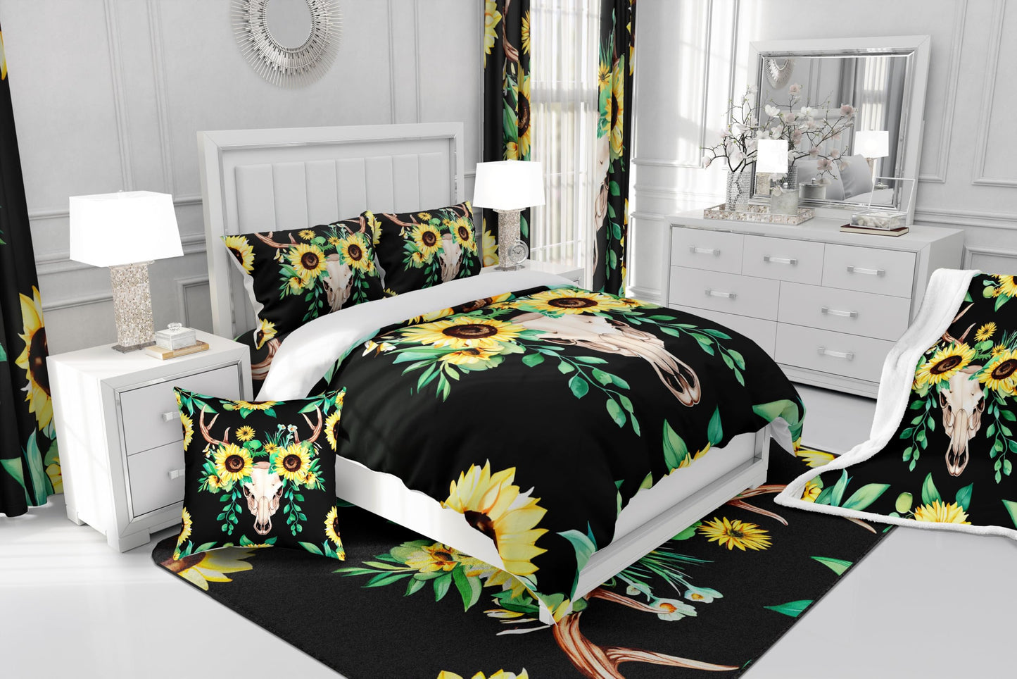 Feelyou Cow Sunflower Sherpa Throw Blanket Yellow Flower Fleece Blankets and Throws Skull Skethon Fuzzy Blanket Botanical Floral Leaves Plush Blankets 50"x60"