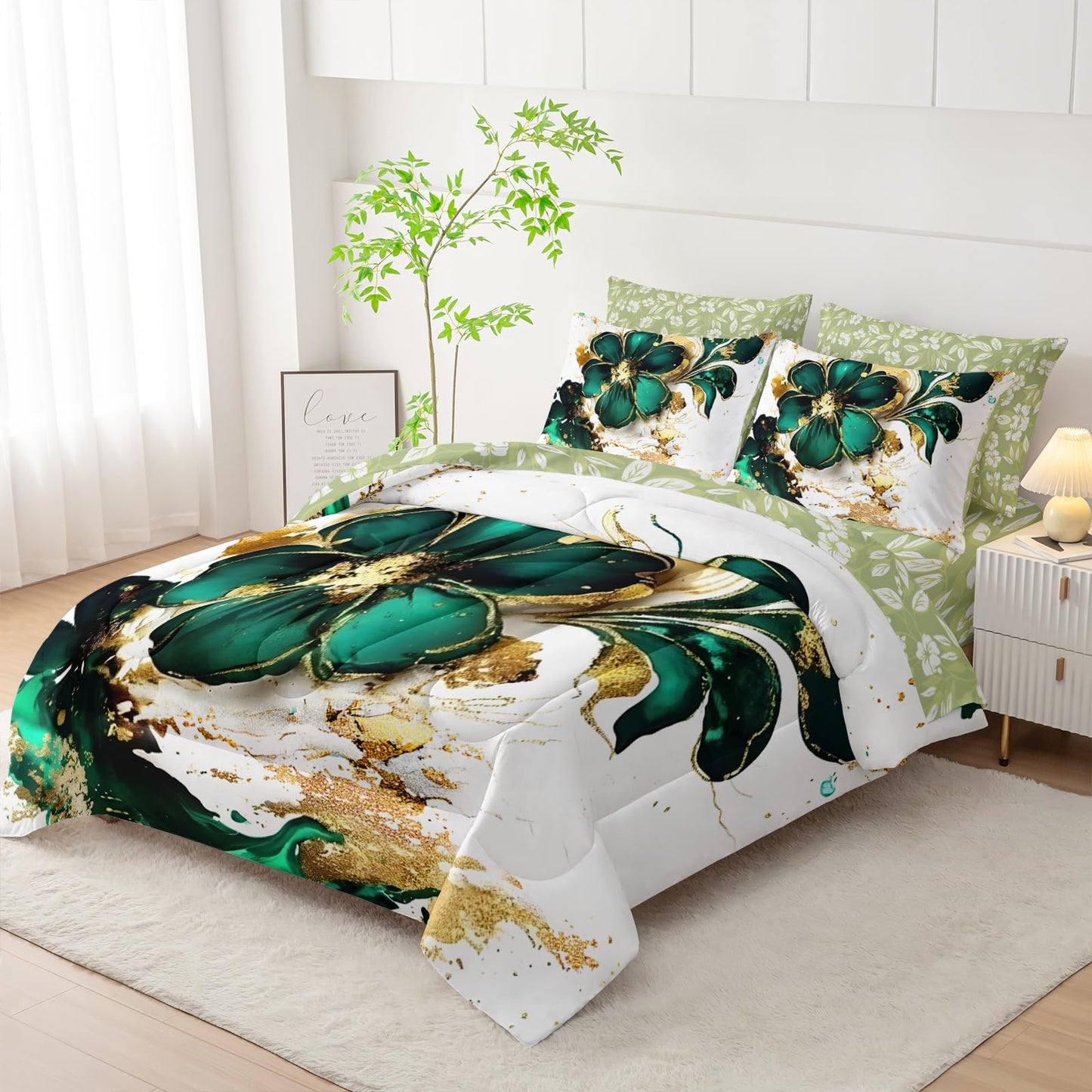 AILONEN Gold Green Floral Comforter Set Full Size,7-Piece Soft Bed in a Bag,Marble Flower Comforter & Fitted Sheet & Flat Sheet & 2 Pillowcases,2 Pillow Shams for Girls Women