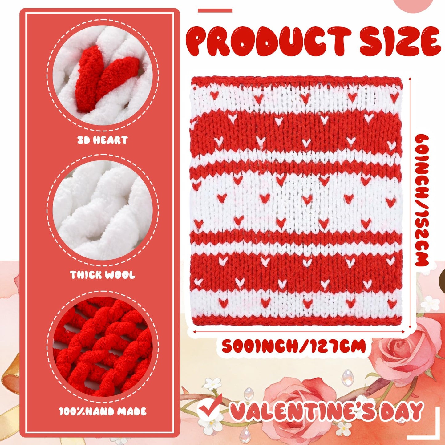 Mindsoft Chunky Knit Throw Blanket Large 50" X 60" Handmade Cream Chenille Loop Yarn Fluffy Soft Knitted Throw Big Cozy Thick Cable Knit Crochet Blanket for Couch Sofa Bed(Red,Heart)