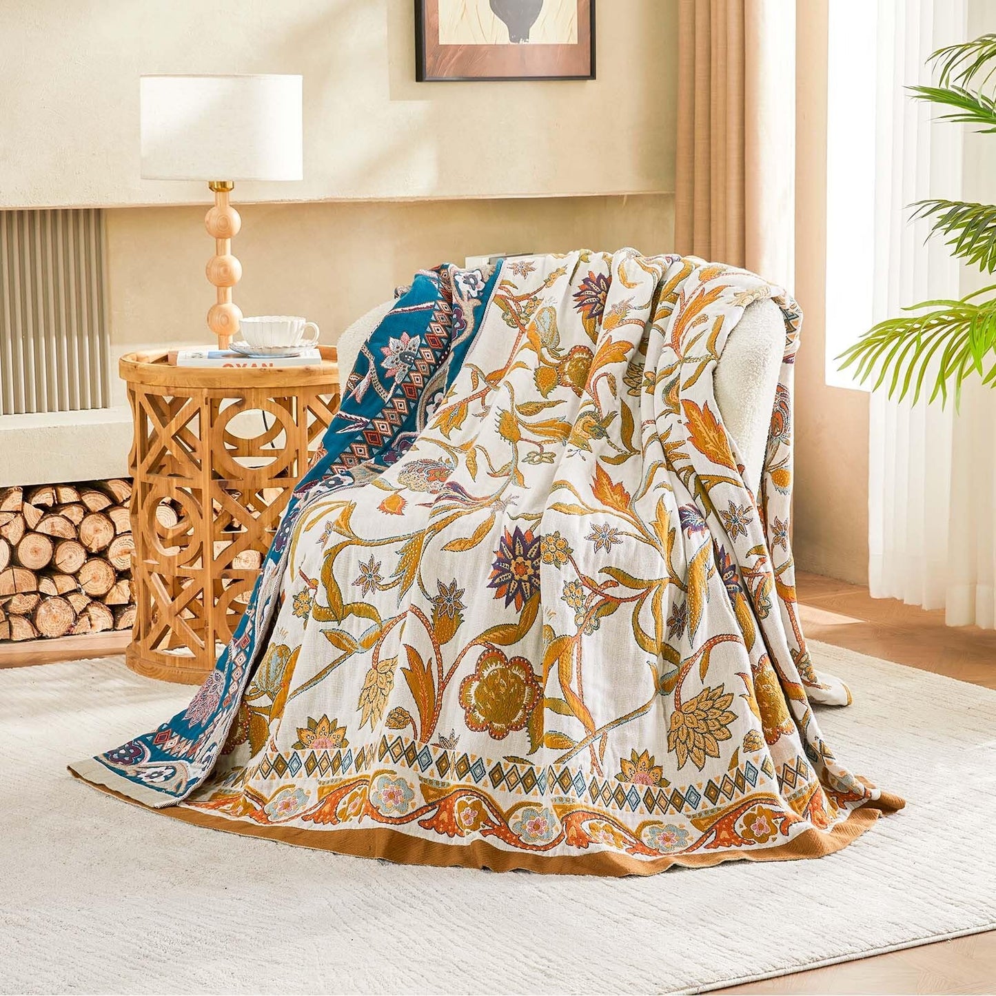 XIBLC Fall Throw Blanket for Couch, Brown Boho Decorative Throw Blanket, 100% Cotton Muslin Breathable Woven Farmhouse Blankets Quilt, 60"x80" Reversible Lightweight Blankets Bohemian Throw Quilt