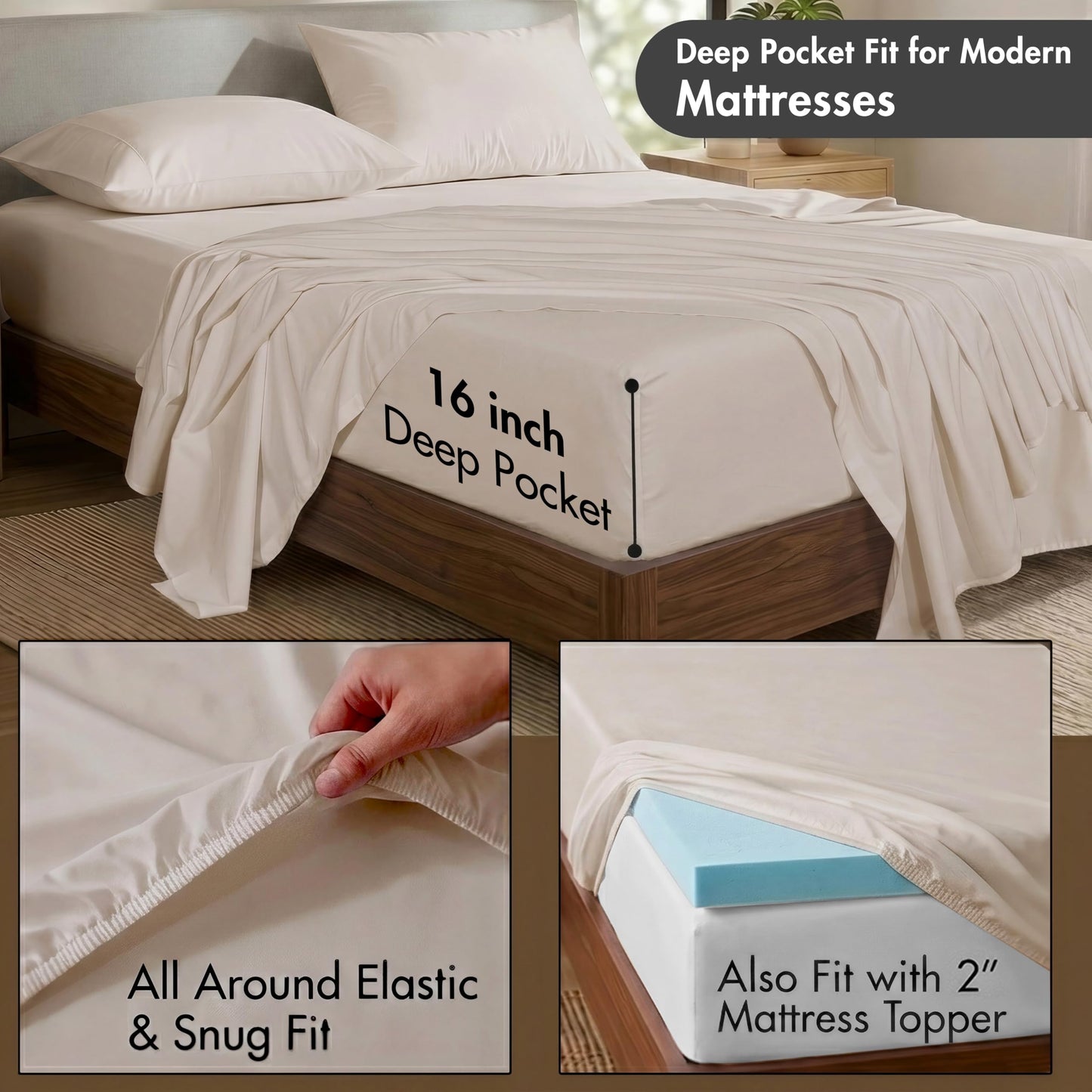 ZOYER 100% Cotton Sheets – Full Size Percale Bedding, Cooling & Breathable, Durable with a Crisp, Soft & Comfortable Feel, 16" Deep Pocket, 4-Piece Set, Soft Sand