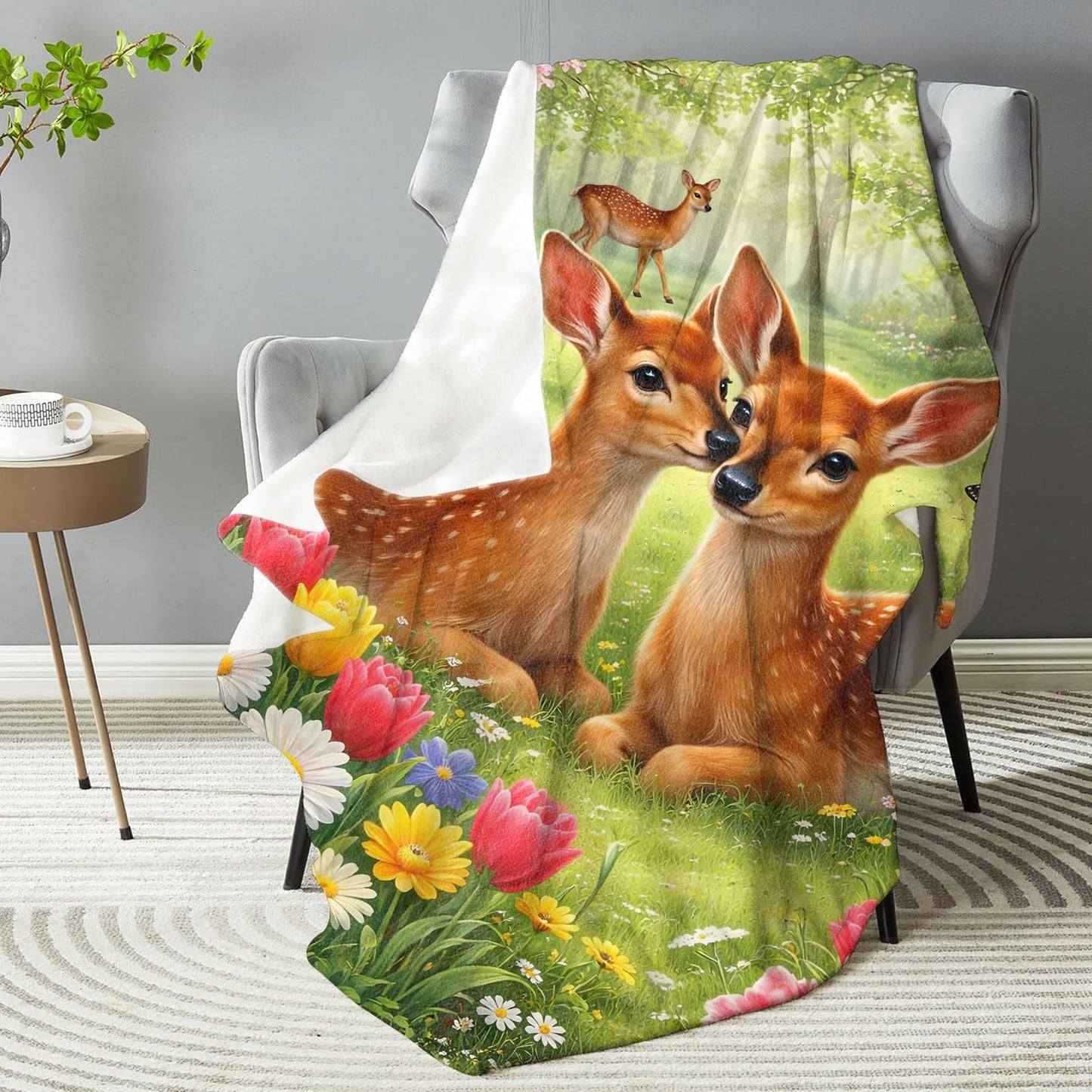 dhakalrlde Cute Deer Blanket, Soft Cartoon Fawn Flower Meadow Throw Adorable Animal Blanket Gifts for Women Kids Girls, Lightweight Warm Cozy 60×50 inch Flannel for Couch, Travel, Bed, Decor