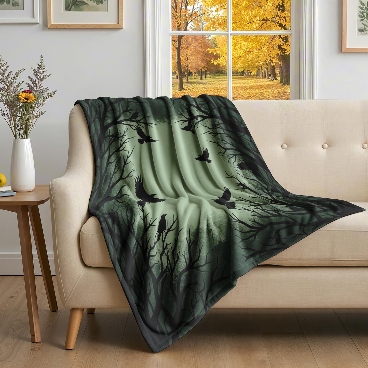 GEDAEUBA Gothic Crow Blanket - Halloween Raven Dead Tree Fleece Blanket Twin XL, Soft Cozy Blankets & Throws for Couch, Bed, and Sofa, 66x90 inches