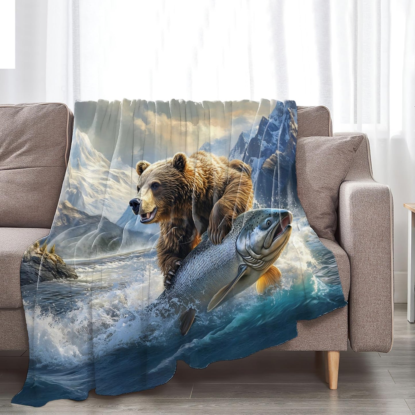 Tijuboni Bear Fish Throw Blanket Cabin Bear Gifts for Women Men Girls Boys Kids Adults Soft Flannel Fleece Blanket for Couch Sofa Bed Home Decor 40"x50"