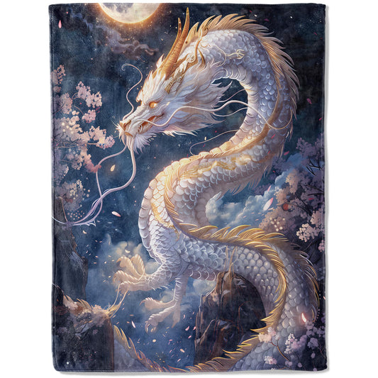 ainori Cool White Dragon Flannel Blanket - Mystical Moon and Cherry Blossom Throw,Gifts for Women & Animal Lovers, Ultra Soft & Warm,Lightweight,for Couch Bedroom Living Room Boho Decor 50x60in