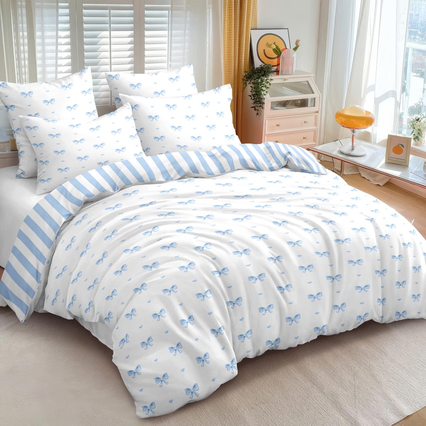 Sedefen Bow Duvet Cover Queen Size Blue Striped On White Bedding Set 3 Pieces Cute Heart Printed Stripe Reversible Princess Style Soft Breathable Microfiber Duvet Cover Set with Zipper Closure